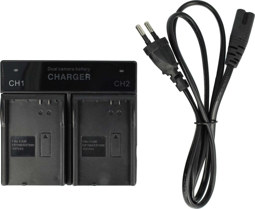 vhbw Dual Ladegerät kompatibel mit Canon BP-208, BP-208s, BP-308, BP-308s, DC100, BP-315, BP-315 S, DC10 Kamera - Ladeschale, Stromkabel Ladeanzeige
