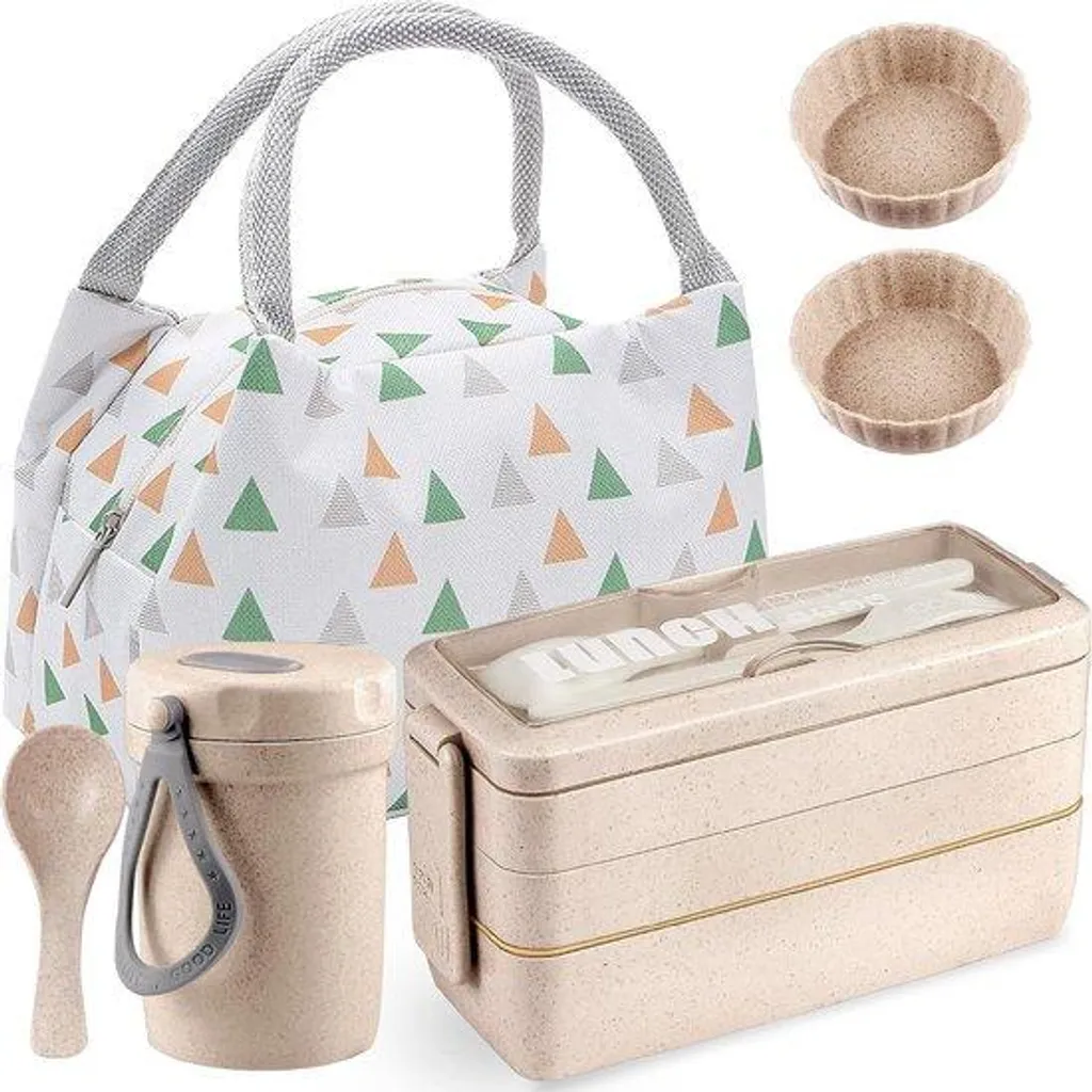 Boîte à bento japonaise étanche kaki avec gourde et sac isotherme