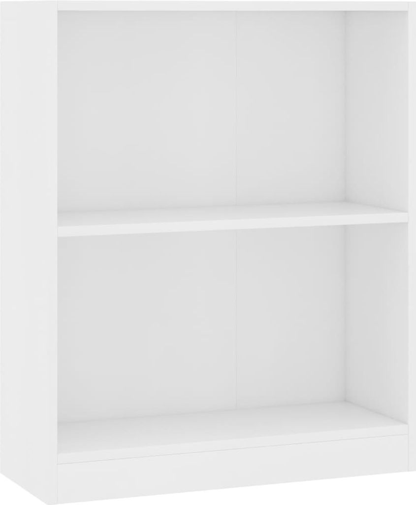 An empty white bookshelf with two shelves.
