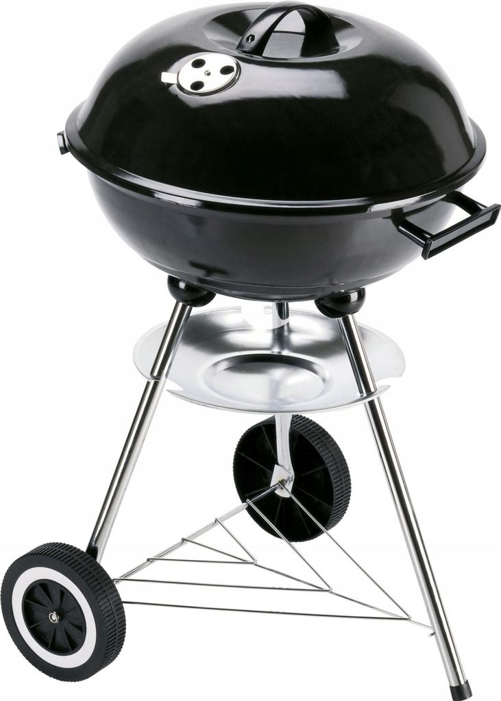 A black charcoal kettle grill on a white background.