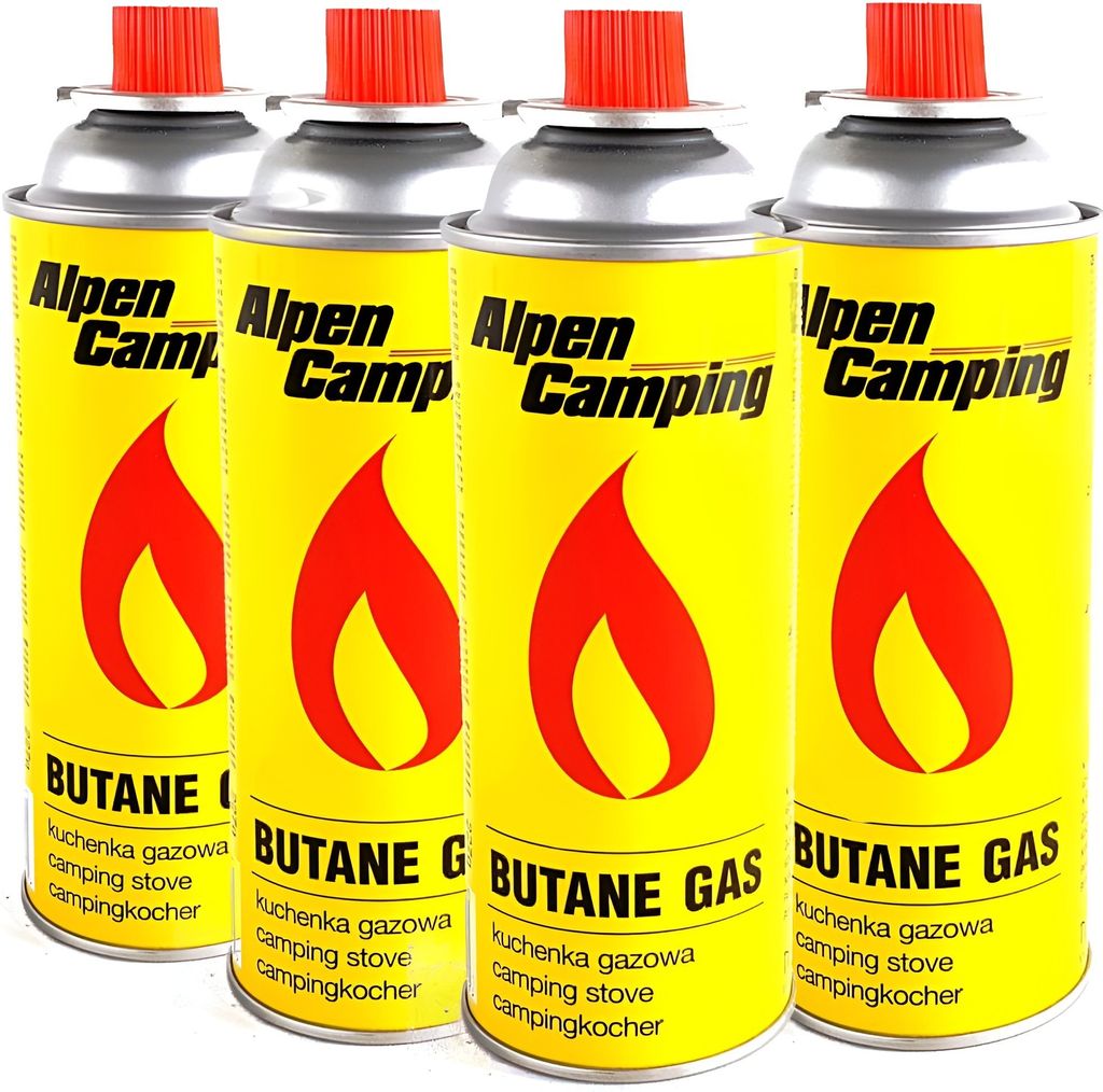 Four cans of Alpen Camping butane gas for camping stoves are lined up against a white background.