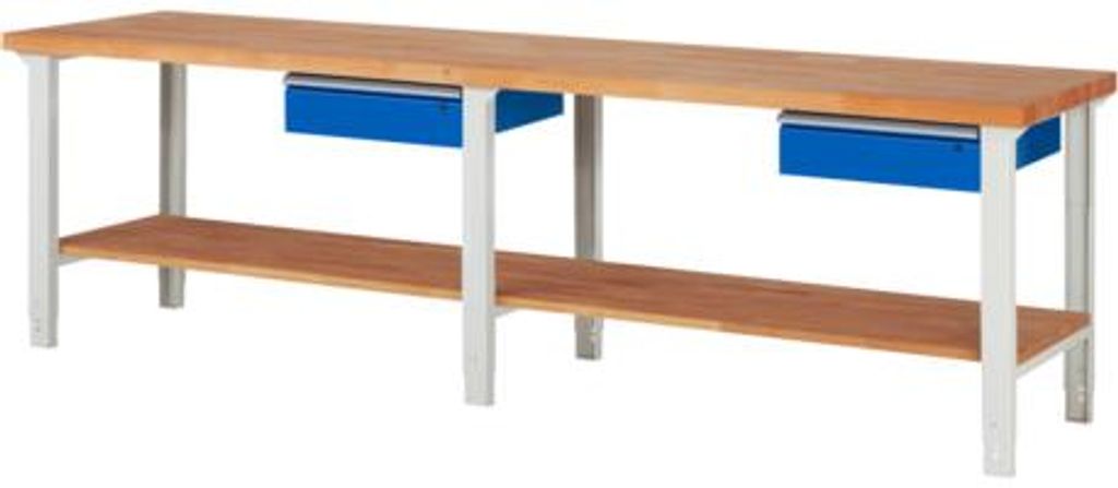 Werkbank mit Ablageboden - 2 Schubladen - 150:2 - höhenverstellbar 790 - 1.140 mm - 3.000 x 700 mm (BxT) - Traglast 750 kg - Buche