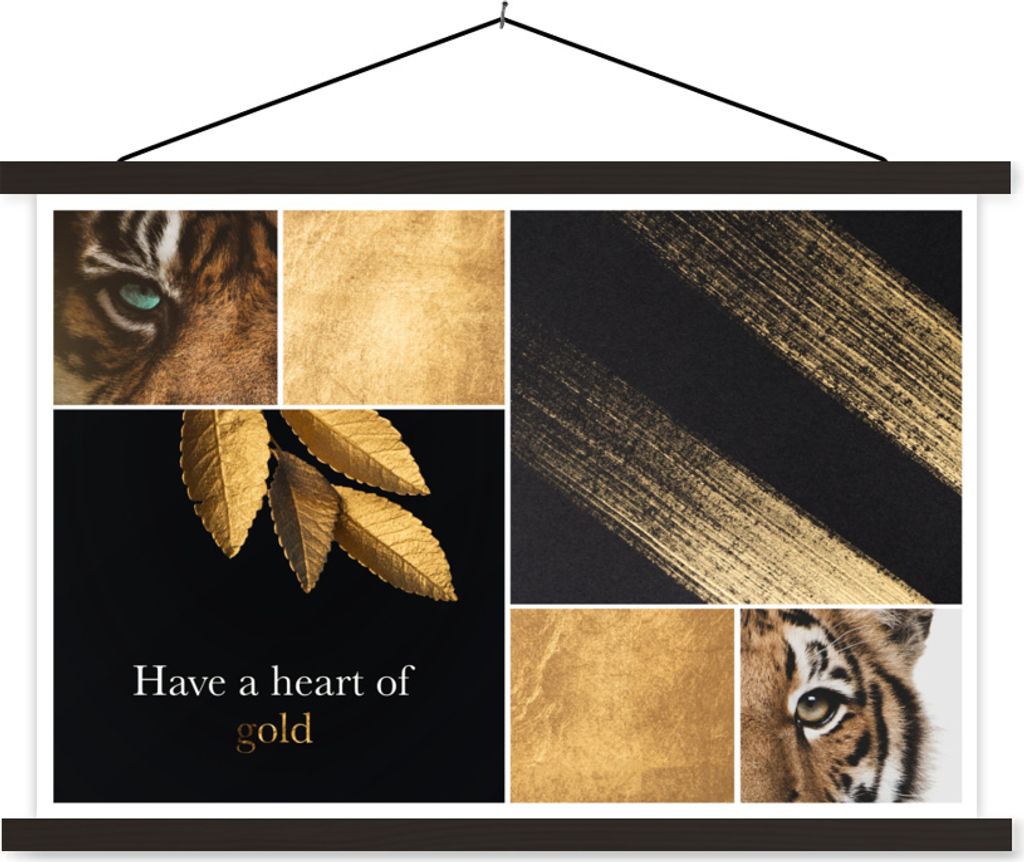 MuchoWow Textilposter Collage - Tiger - Blattgold 90x60 cm mit schwarzem Rahmen - Aufhängungssatz