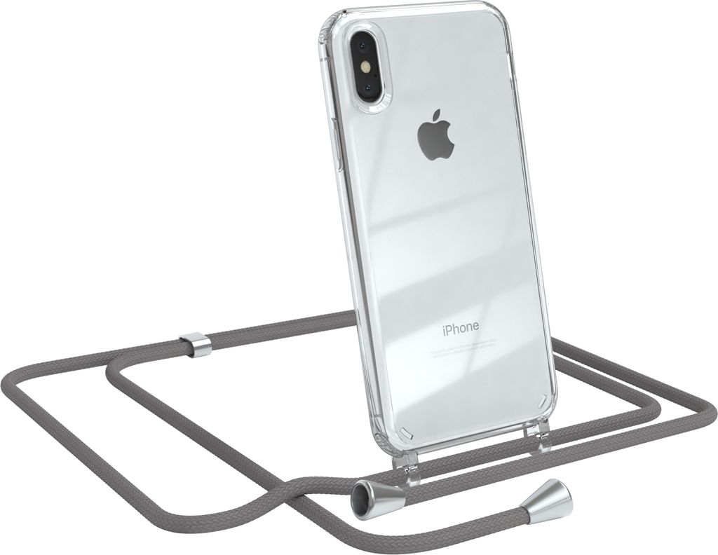 EAZY CASE Handykette kompatibel mit Apple iPhone X / XS, Handyhülle mit Umhängeband, Handykordel, Schutzhülle Clear, Band in Grau