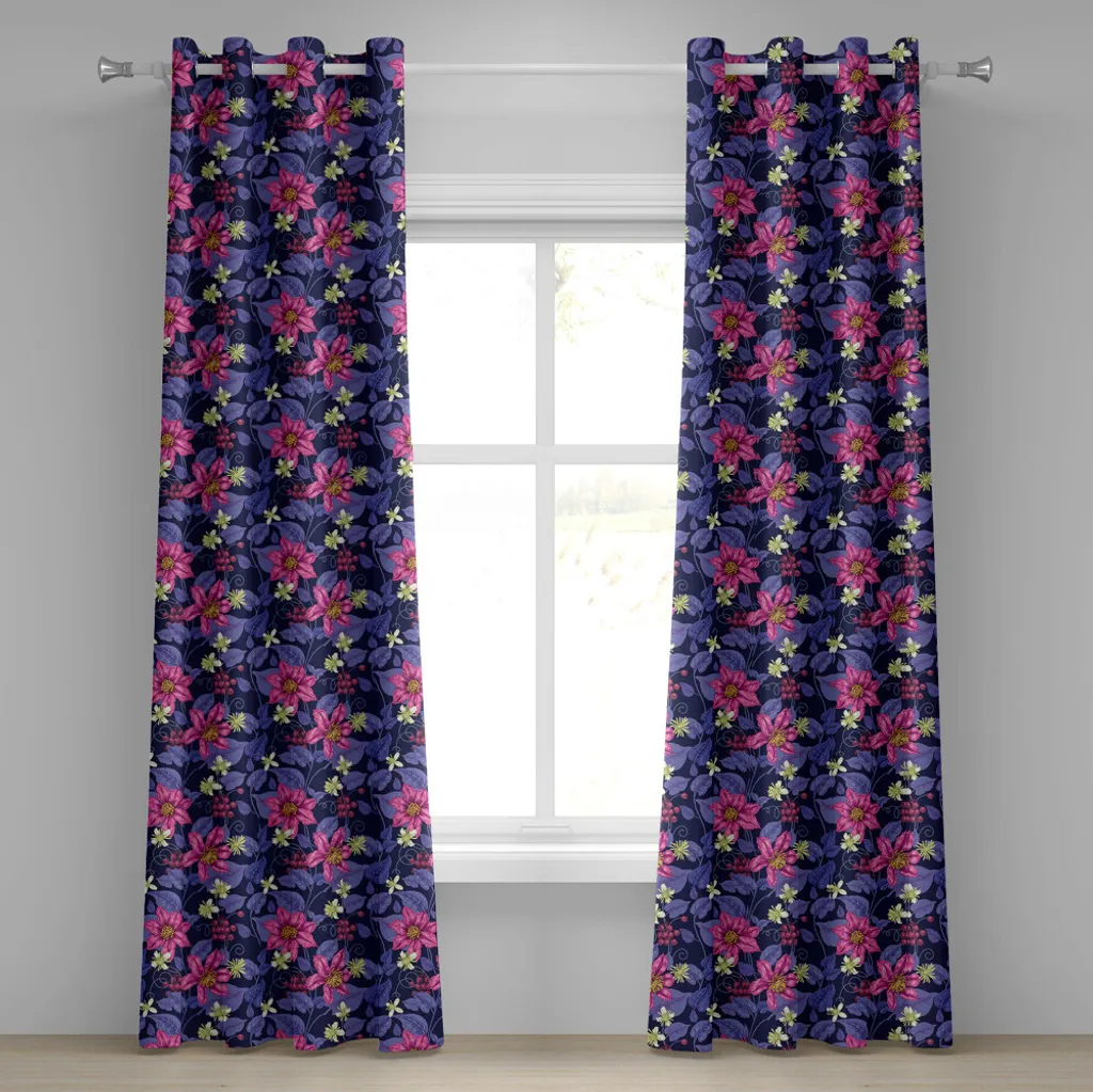ABAKUHAUS Tenda con occhielli floreali, tema Tropicana-Orchidea-Foresta pluviale-Natura selvaggia-Vista sul mare hawaiano, tende decorative a 2 pannelli, 280 cm x 225 cm, Viola Magenta Indaco - 1