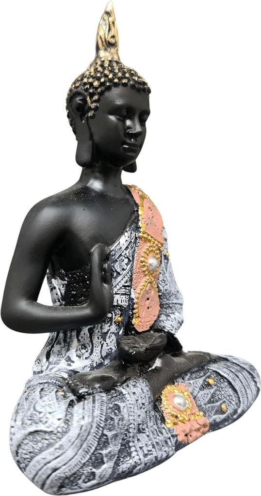 Sitzende Buddha Statue - Innen/Außen - Kunststein - Schwarz/Blau - 19 x 13 cm