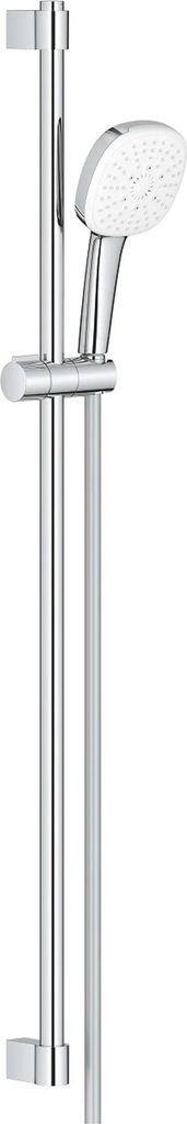 A shower head on a sliding rail.