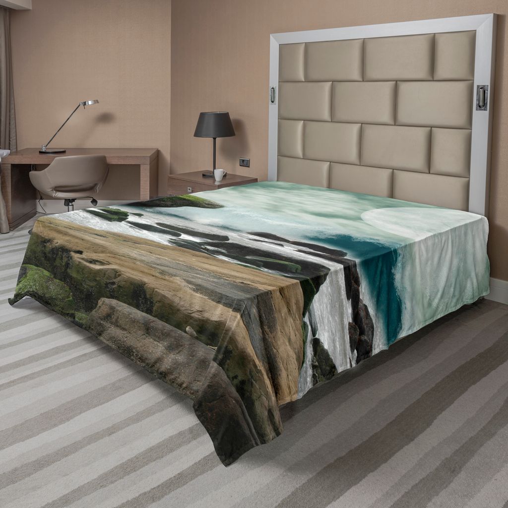 ABAKUHAUS Natur Bettlaken, Fantasie-Landschaft mit Wasserfall auf Felsen und Mond, weiches bequemes oberes Bettlaken für ein dekoratives Bett 1 St...