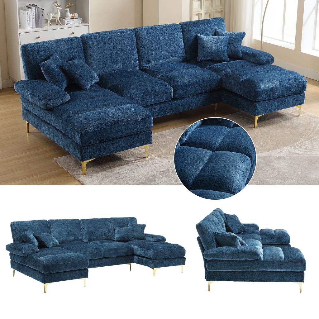 LVHOM Ecksofa U-Form, Sofagarnitur mit goldenen Metallbeine, Wohnlandschaft Couch Sofa Couchgarnitur Eckgarnitur, 4 Sitzer, 272x88x136 cm, Blau