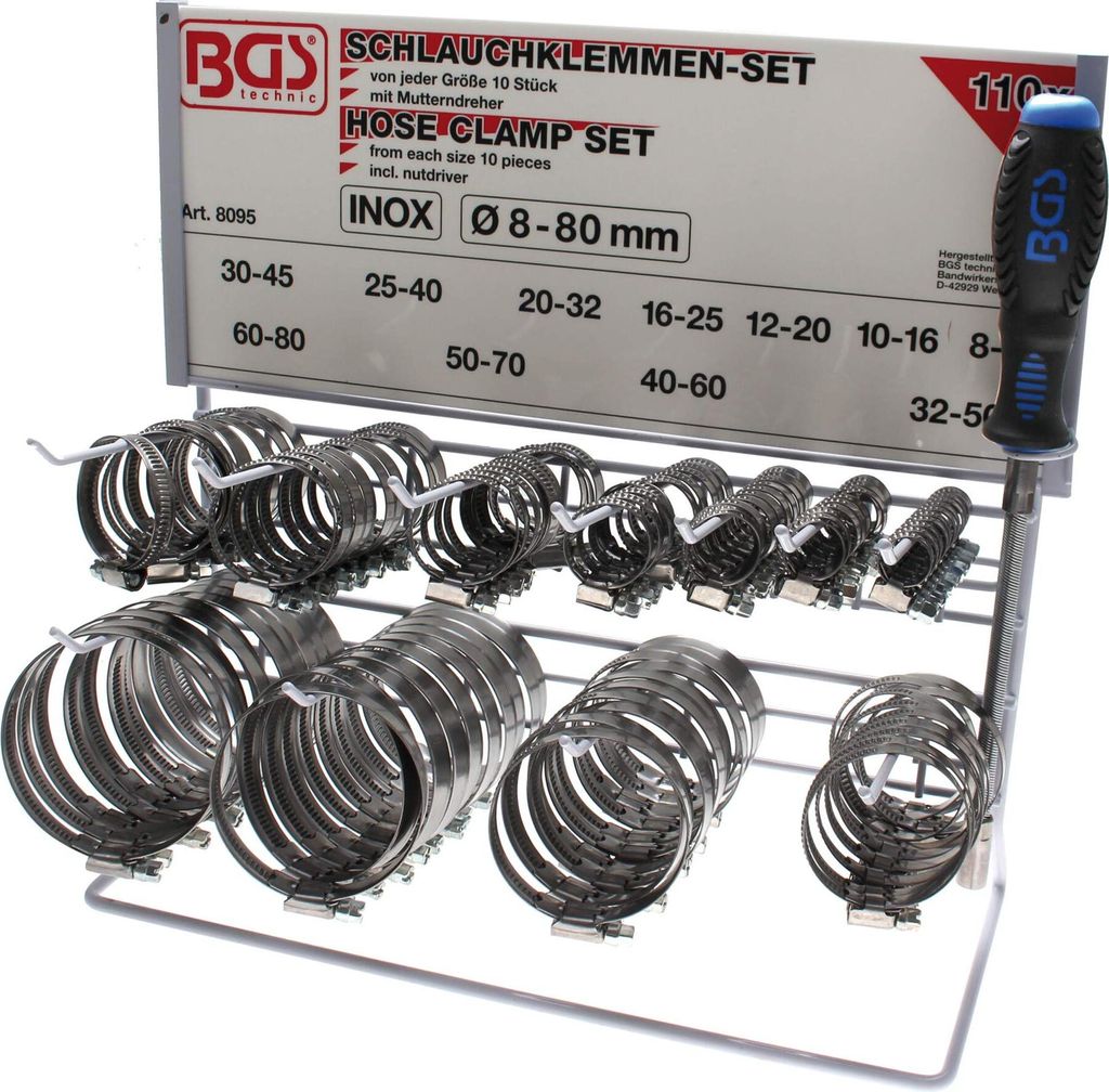 BGS 8095 Schlauchklemmen-Sortiment, INOX, auf Tafel, 111-tlg.