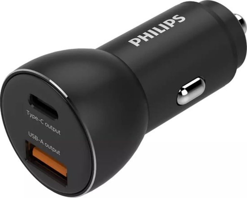 Philips Autoladegerät DLP2521/03 USB-A und USB-C Ausgang - Zigarettenanzünder - Schnelles Aufladen - Kompatibel mit iPhone und Samsung - Schwarz