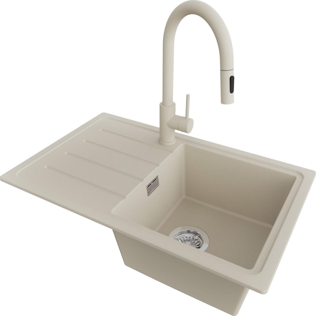 PRIMAGRAN Granitspüle Beige 70x44cm, Spülbecken 1 Becken + Küchenarmatur 40x20cm + Ablauf-Set, Küchenspüle ab 45er Unterschrank - Kopenhagen Easy