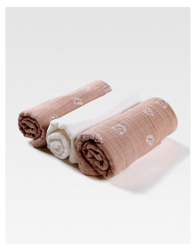 3er-Pack Wickeltücher Mix & Match - -Musselin - Ecru/Rosa - Katzenmotive