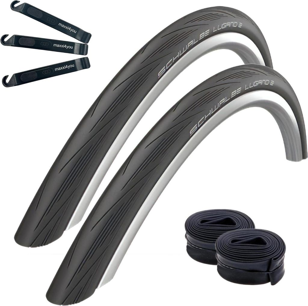 2 x Schwalbe Lugano 2 28" Rennradreifen in Schwarz 25-622 (700 x 25C) + 2 Schwalbe Schläuche SV15 lang (60 mm) inkl. maxxi4you Reifenheber