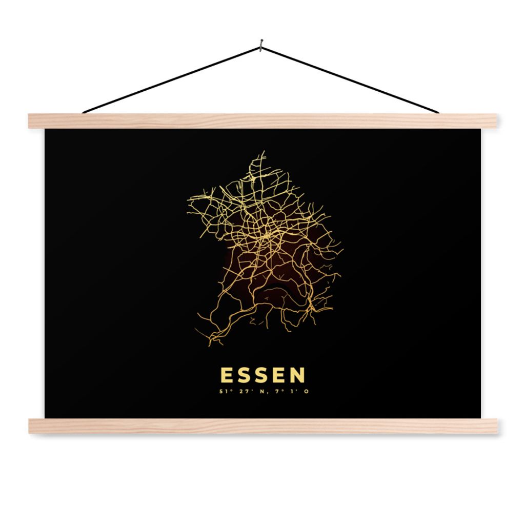 MuchoWow Textilposter Karte - Essen - Karte - Gold - Stadtplan 120x80 cm mit holzfarbenen Rahmen - Aufhängeset