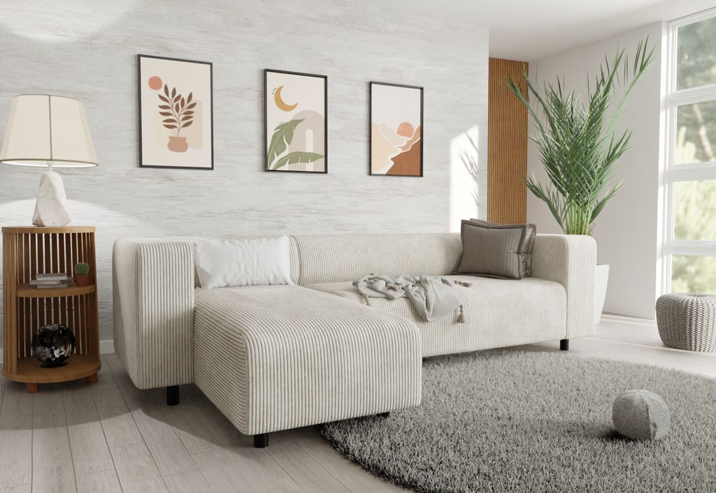 S-STYLE MÖBEL - Malin - Modernes Ecksofa mit Ottomane aus Beige Cord-Stoff mit bequemem Sitz - Ottomane links