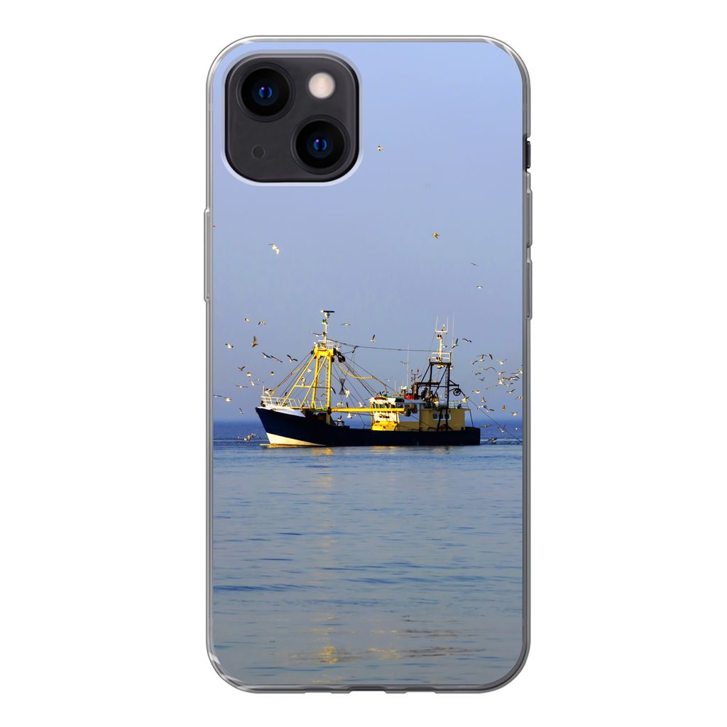 MuchoWow Handyhülle Schutzhülle Hülle für iPhone 13 mini Nordsee - Fischerboot - Vogel Silikon Softcase Handy Hülle - Softcase