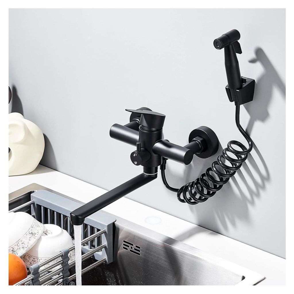 Wasserhahn für die Küche zur Wandmontage in Schwarz mit Sprühpistole, Einhebelmischer, 23 cm, Edelstahl