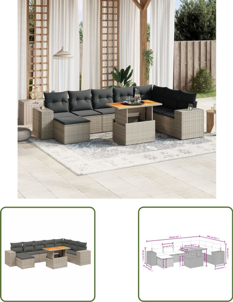The Living Store 9-tlg. Garten-Sofagarnitur mit Kissen Grau Poly Rattan