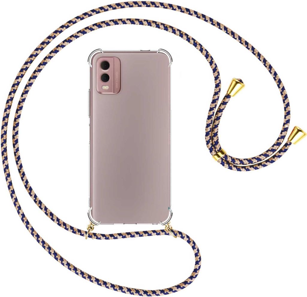 Handykette Backcover-Schutzhülle mit Band (Metall goldfarben) für Nokia C32 4G (6.5'') - blau+beige