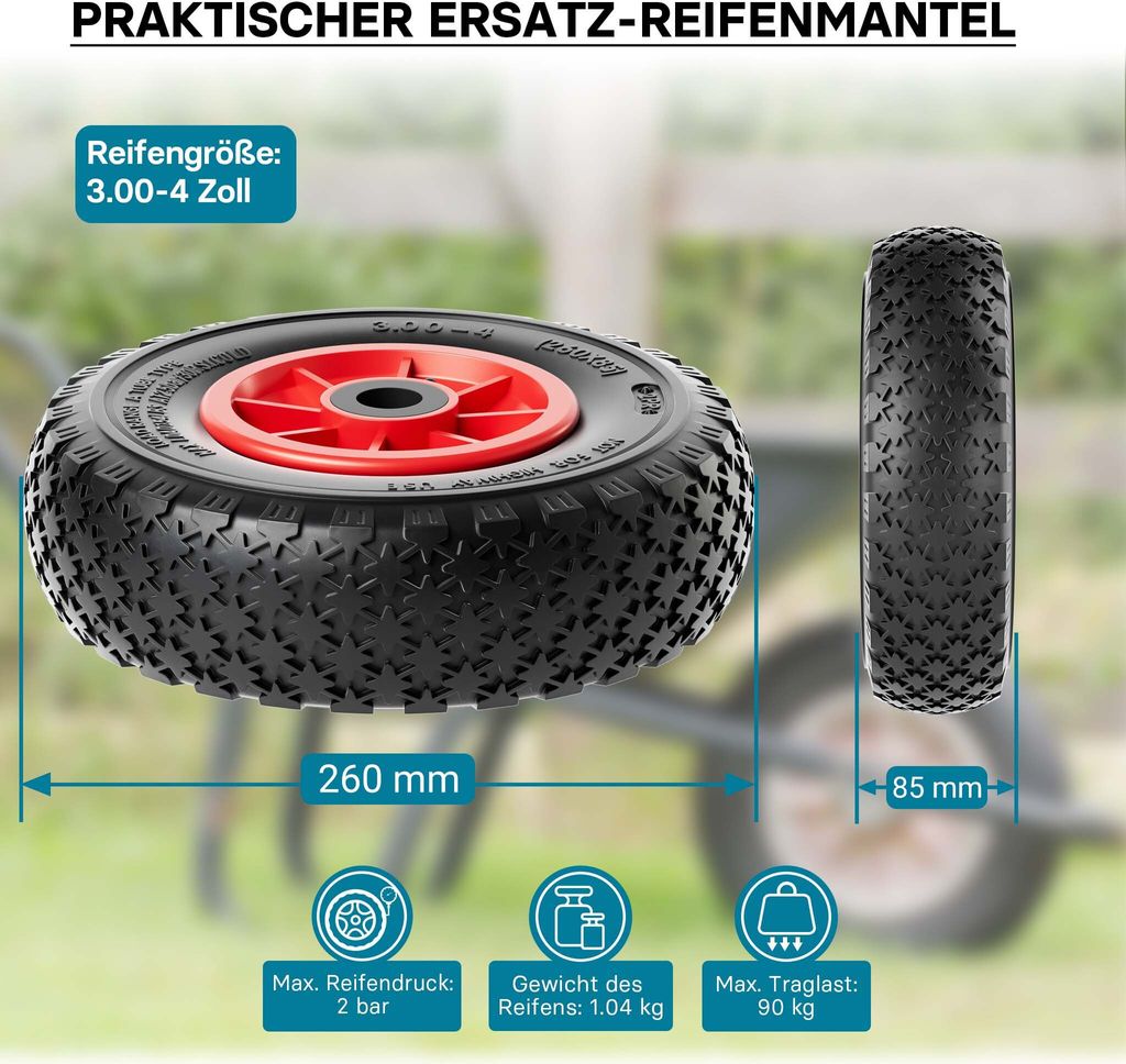 Wiltec 4x Rad 3.00-4 85 x 260 mm 90 kg, HT2046 Schubkarren Produktbild 4