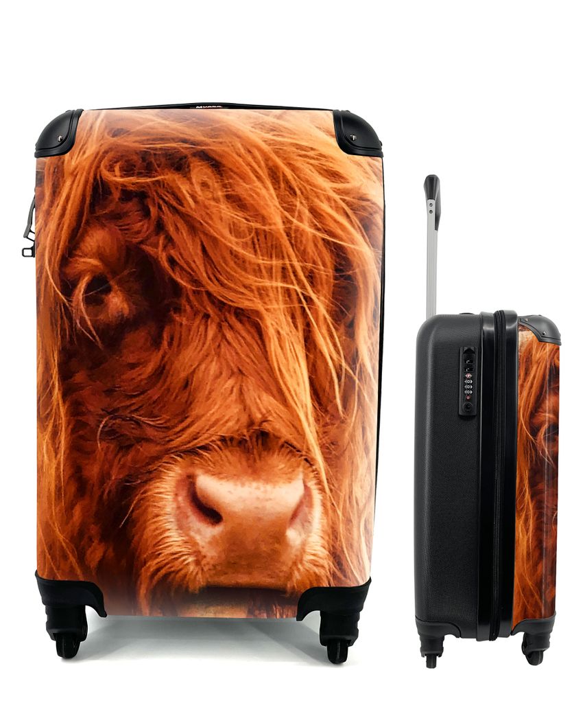 MuchoWow Koffer Handgepäck Trolley Rollkoffer Kleine Reisekoffer mit 4 Rollen - Schottischer Highlander - Nahaufnahme - Kuhkopf - Cabin Size < 5...