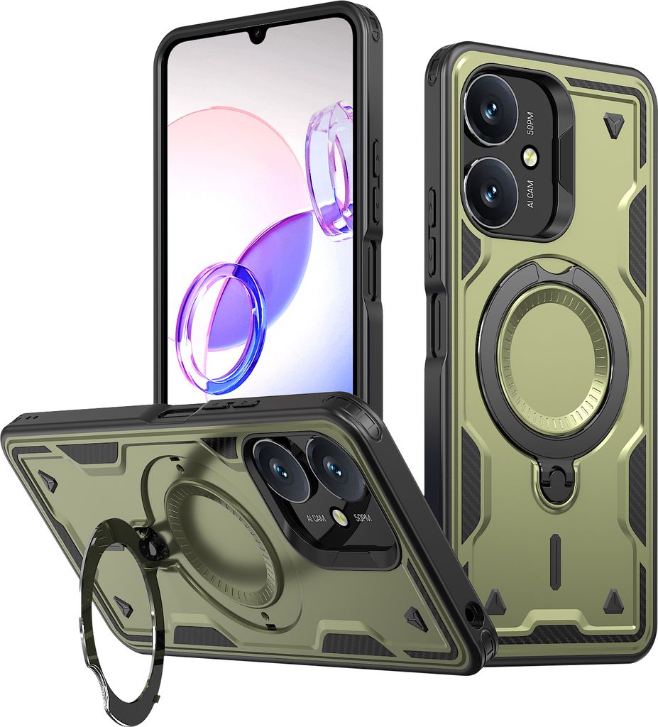 Dual Layer Hülle für Xiaomi Redmi 13C/Redmi 13R/Poco C65 4G/Poco M6 5G Metall Ring Ständer Magnetisch Stoßfest Militär Handyhülle Grün