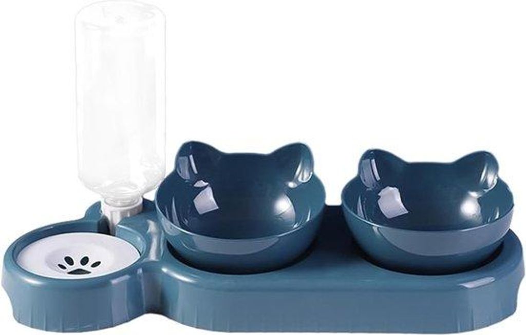 Tierspeiseteller - Drei Futterteller für Katzen mit Wasserdispenser, 15° neigbarer Futterteller mit automatischer Trinkflasche