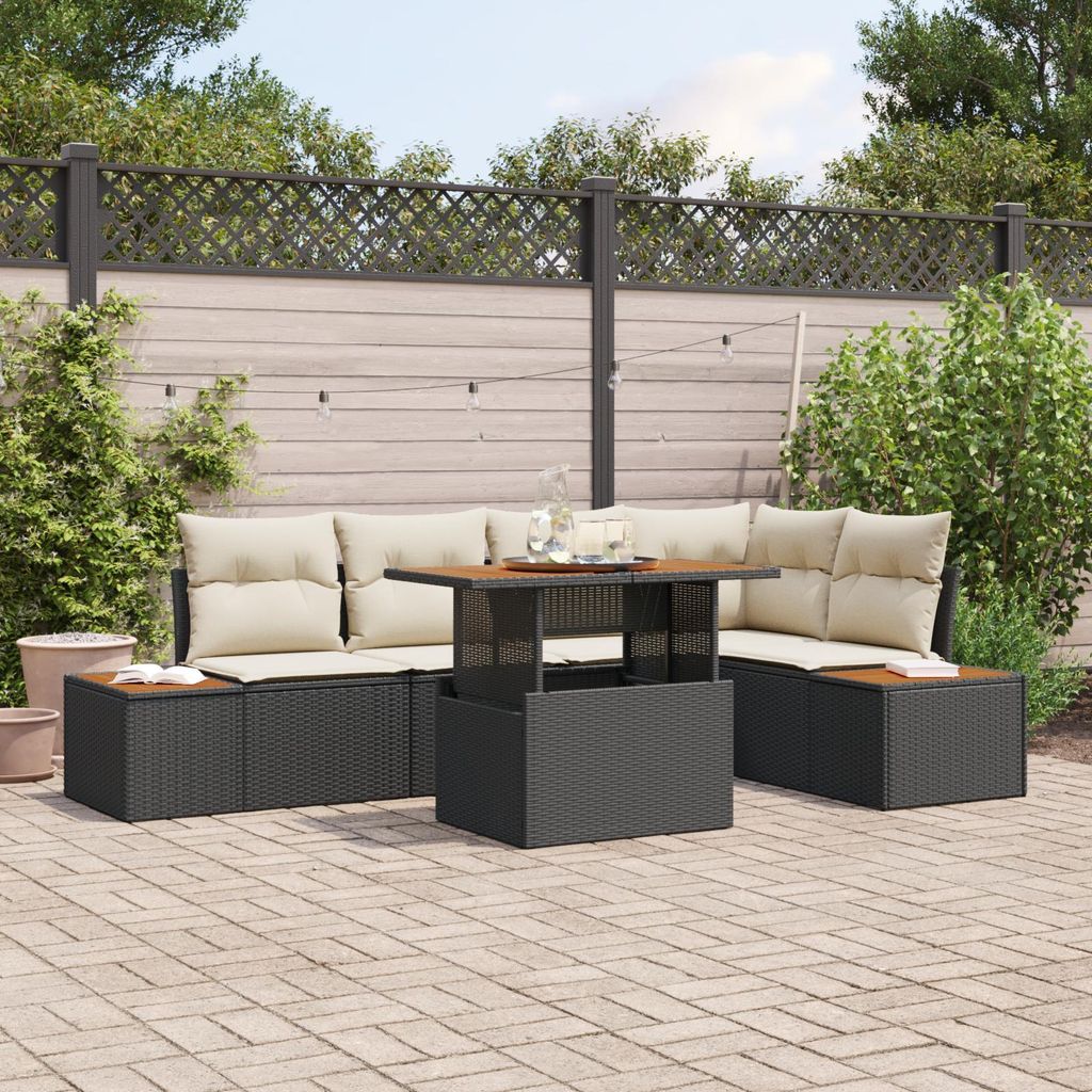 6-teiliges Garten-Sofa-Set mit Kissen Schwarz Poly Rattan, Design Gartensofas Neu