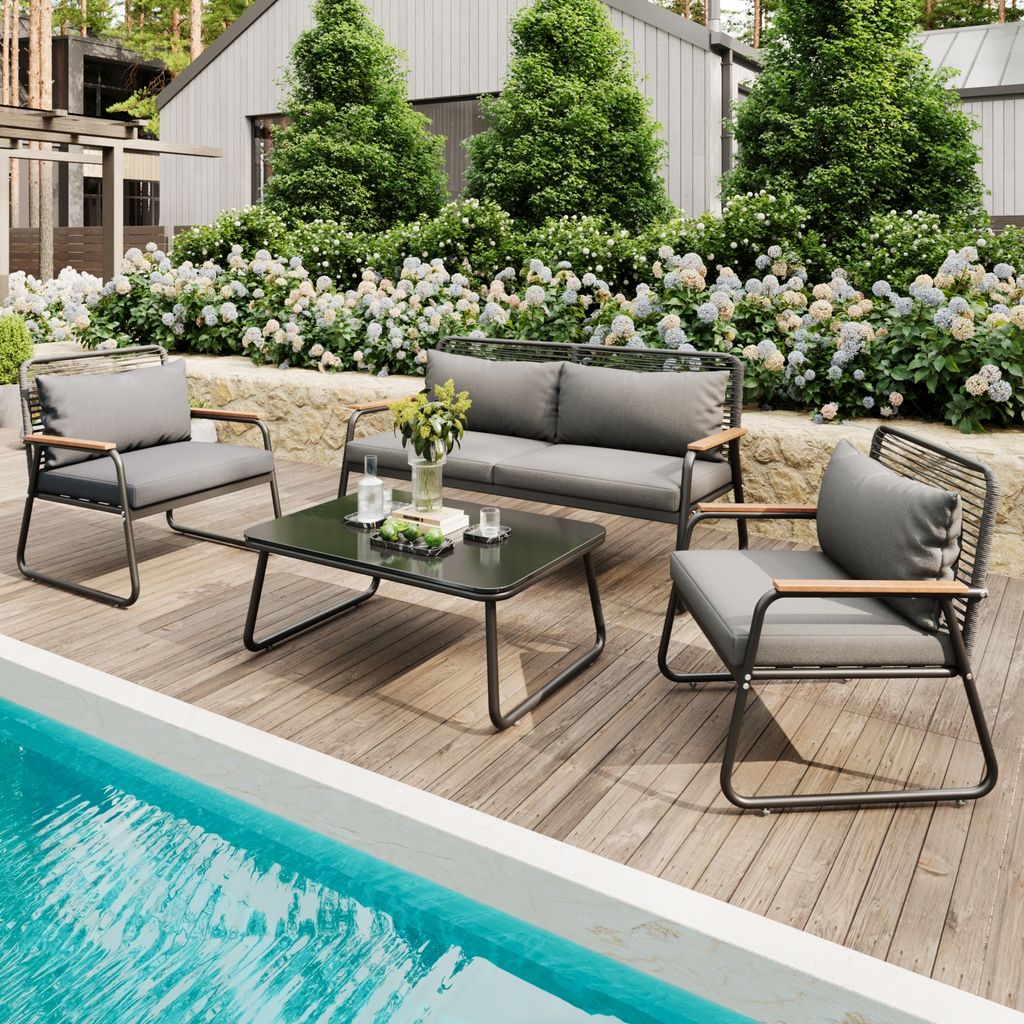 MERAX Gartenlounge-Set 4-tlg., Balkonmöbel Gartengarnitur Terrassenmöbel mit verstellbaren Füßen, Gartenmöbel für 4 Personen mit 2-Sitzer-Sofa