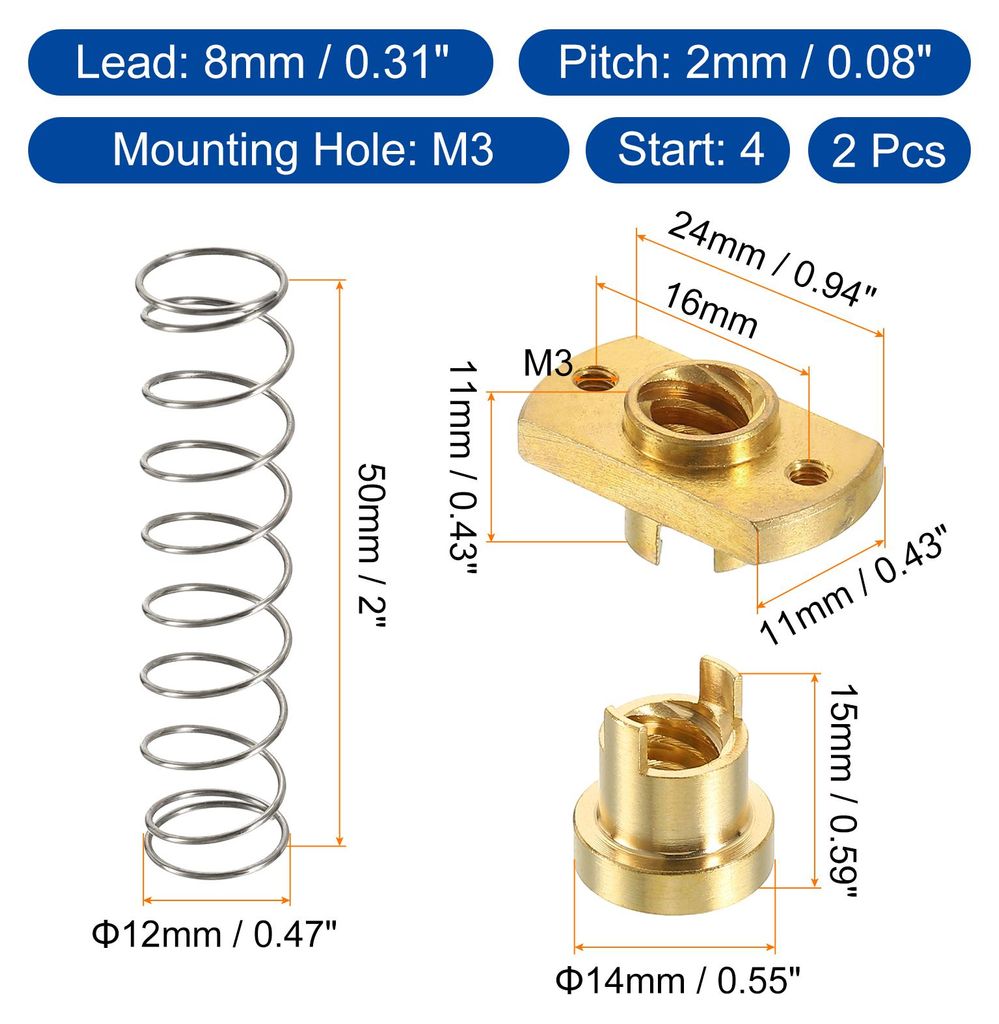 2 Stš¹ck Tr8x8 T8 POM Anti-Backlash Spring Loaded Nut, Elimination Gap Nut (Acme-Gewinde, 2mm Steigung, 4 Start, 8mm Vorschub) mit M3 L?chern fš...