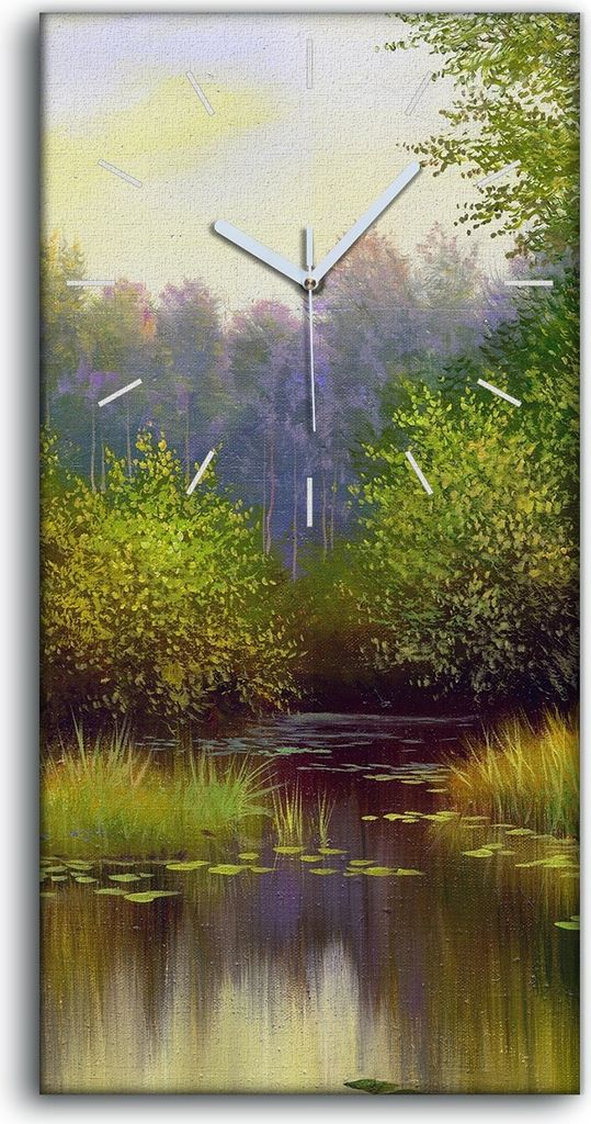 Wandbild Leinwand Bilder mit Uhr Geräuschlos 30x60 Waldlandschaft Holzsee Wasser - weiße Hände