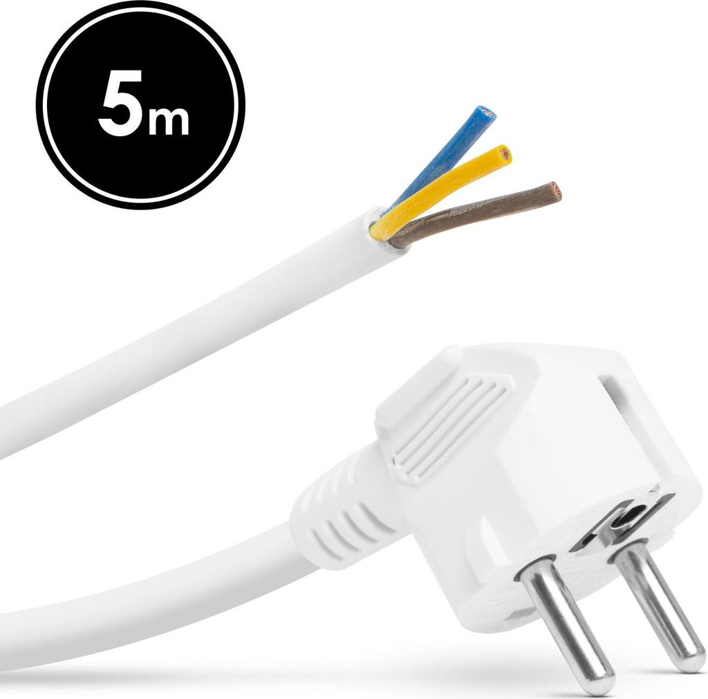Winkelstecker mit 5 Meter Kabel weiß - montierbarer Netzstecker mit Erdung - loser Stecker 230V 16A - H05VV-F 3G 1,5 mm² Netzkabel für den Innen...