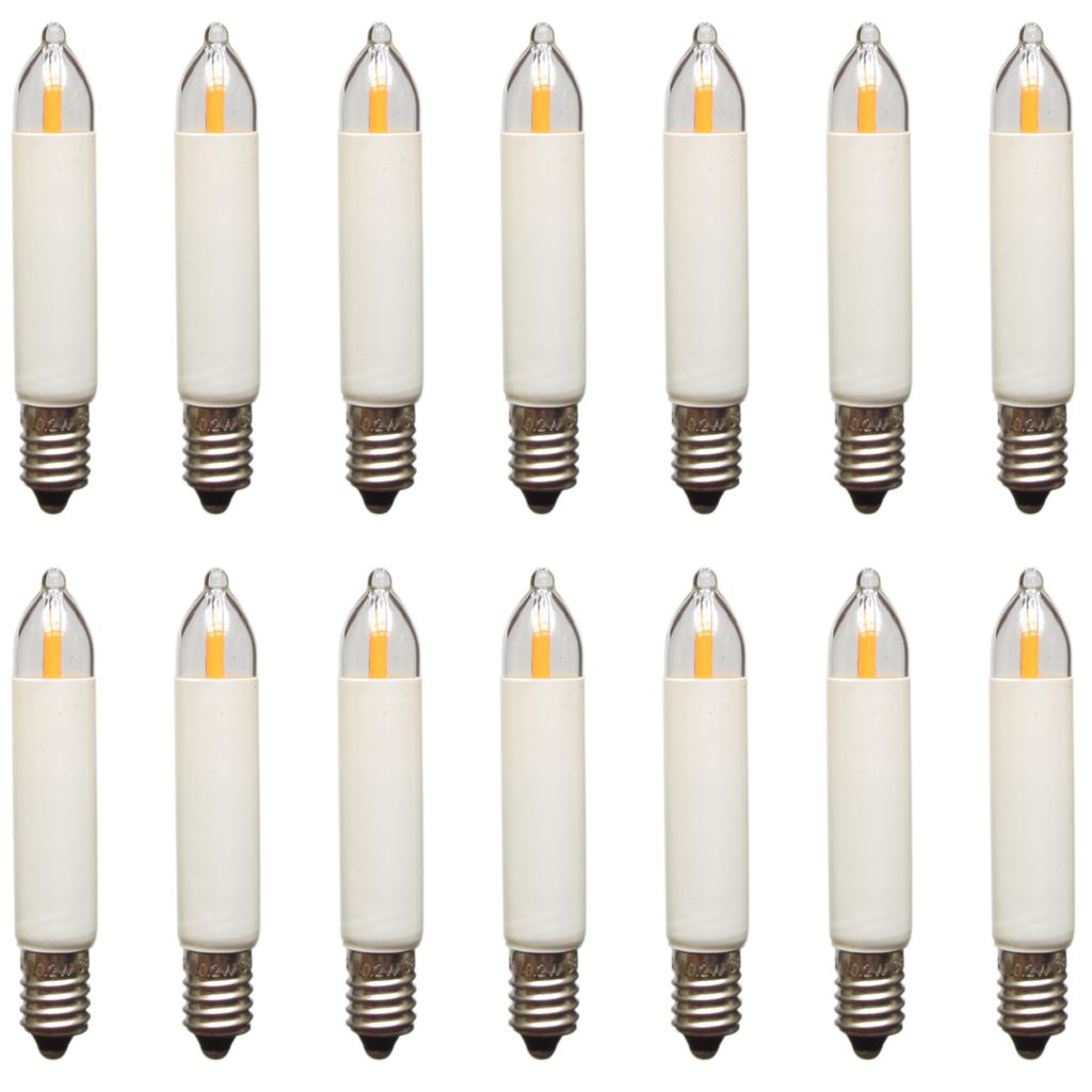 A collection of LED filament candle bulbs arranged in two rows against a white background.