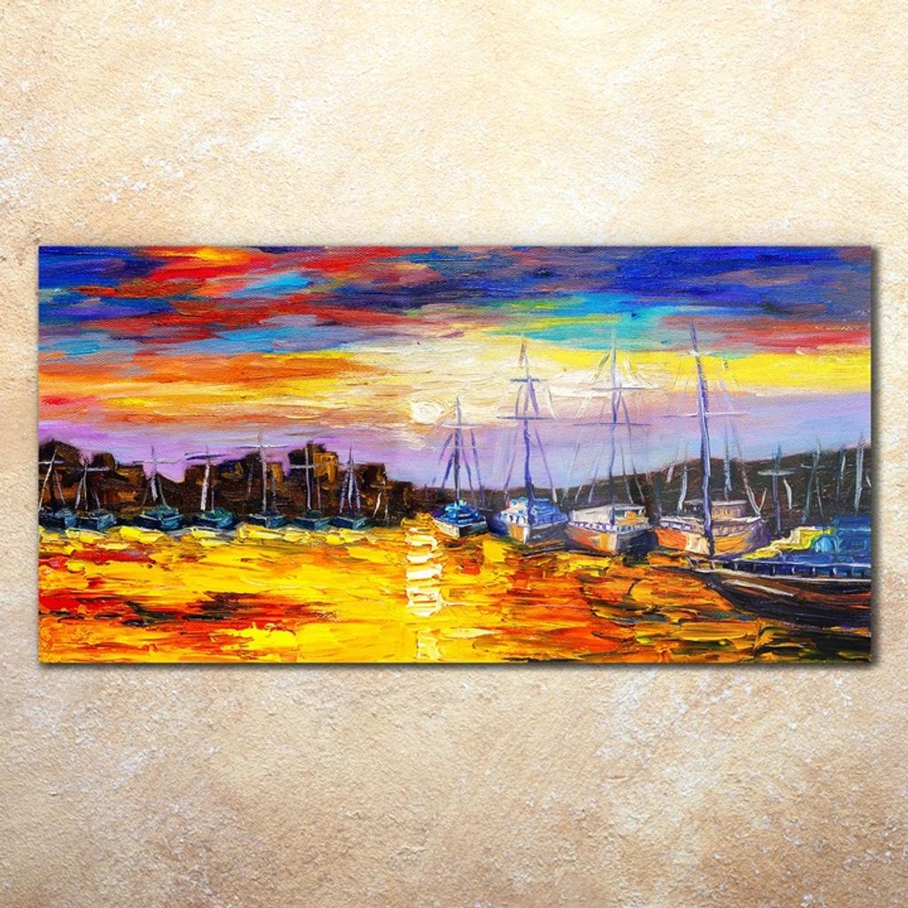 Acrylbild 140x70 hängend Sonnenuntergang Boote