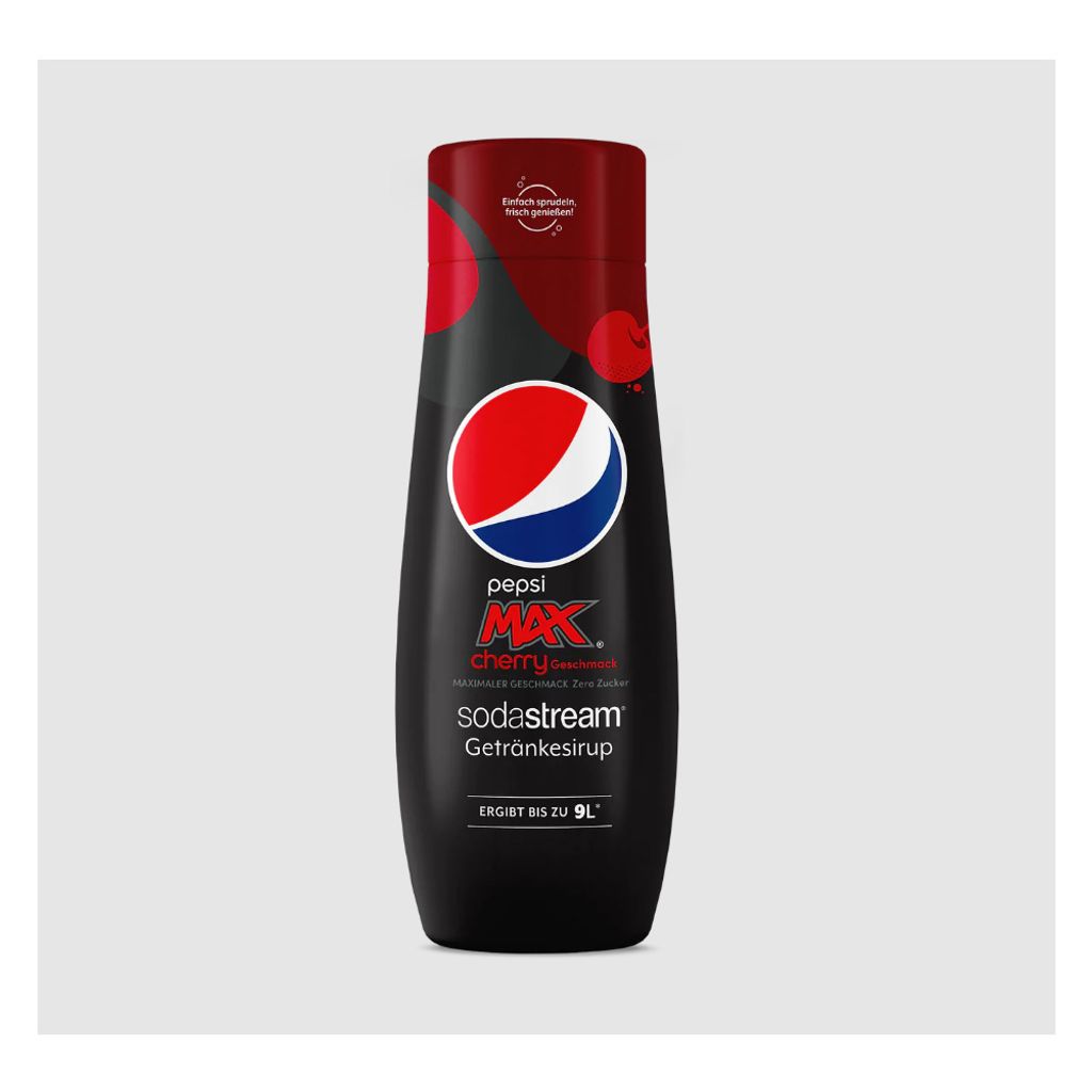 A product shot of a bottle of Sodastream Pepsi Max Cherry syrup against a plain background.