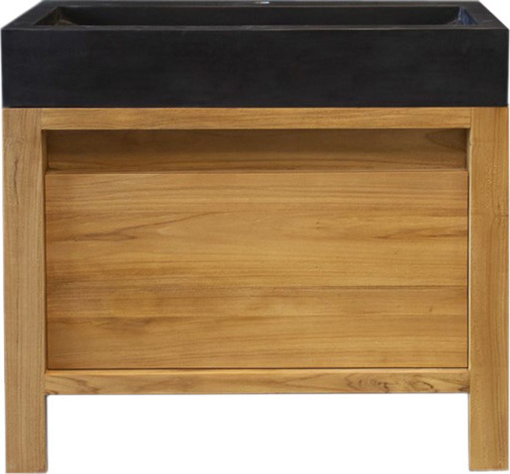 Teako Design Waschbeckenunterschrank Manlia Teakholz 90cm mit Marmor-Aufsatzwaschbecken schwarz inkl. Handtuchstange