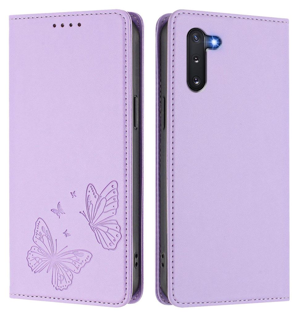 Lederhülle für Samsung Galaxy Note 10, Schmetterling Prägung Leder Brieftasche Schutzhülle mit Ständer Violett