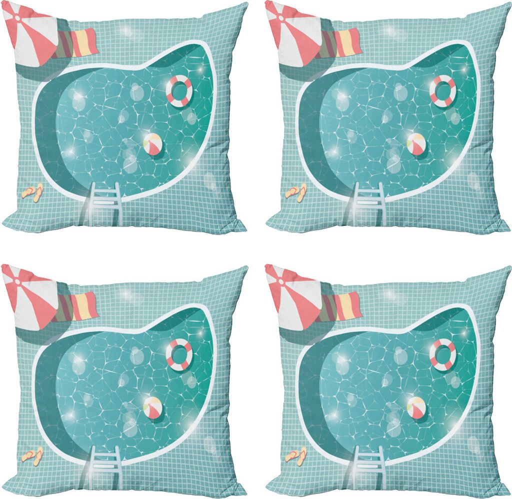 ABAKUHAUS Pool-Party Kissenbezug Set (4 Stück), Luftbild am Pool, Moderner Doppelseitiger Digitaldruck, 40 cm x 40 cm, Mehrfarbig