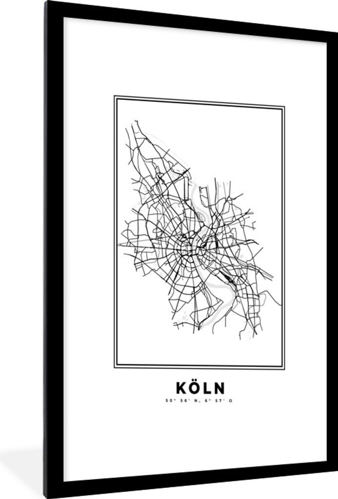 MuchoWow Gerahmtes Poster Karte - Stadtplan - Köln - Deutschland - Schwarz und weiß 60x90 cm - Poster mit Schwarzem Bilderrahmen Wandposter Rah...