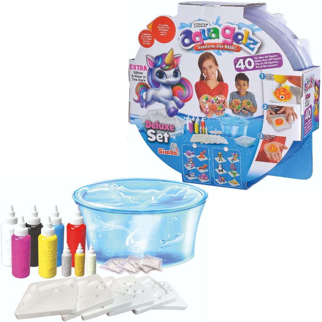 A product shot of the SIMBA Aqua Gelz Deluxe Set, showing the packaging and all the included components.