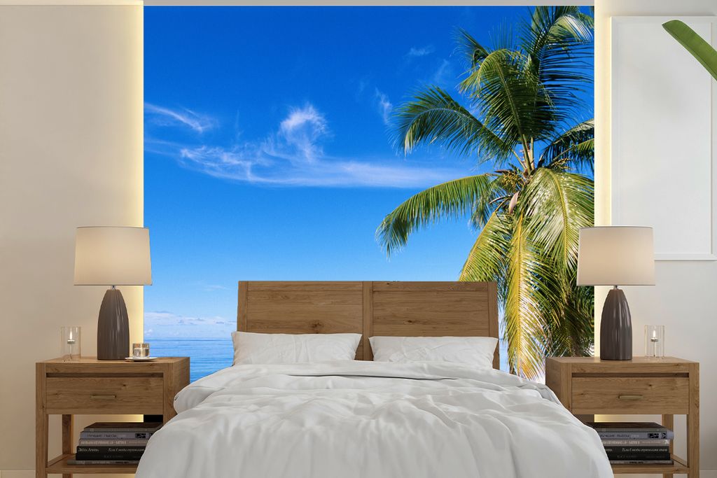 MuchoWow Fototapete für Wohnzimmer oder Schlafzimmer Wandtapete Vinyl Motivtapete Tropisch - Sand - Palme - 350x350 cm - Schlafzimmertapete