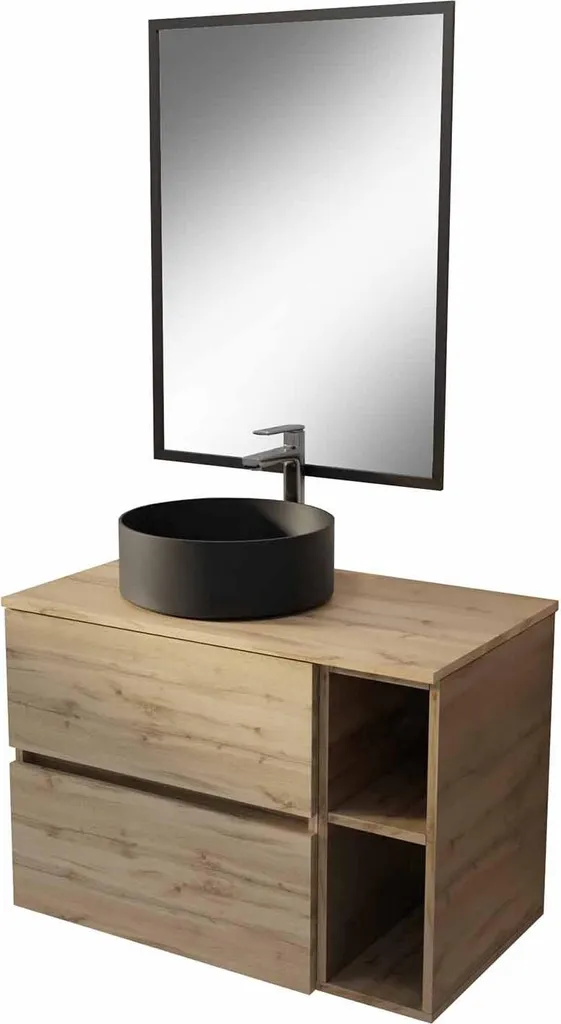 Meuble de Bain 80cm TIMBER Chêne et Vasque Noire - Design Moderne