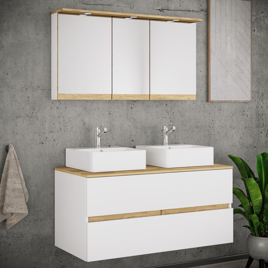 VCM 4-tlg. Doppelwaschtisch Cosila mit 2 Keramikbecken – Badschrank H. 51 x B. 111 x T. 51 cm mit 2 Softclose-Schubladen, Spiegelschrank mit Bele...