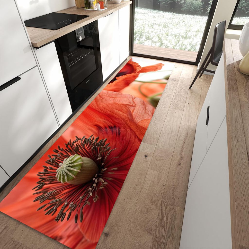 Küchenteppich 80x300cm rutschfest & abwischbar PVC Läufer - Mohnblüten