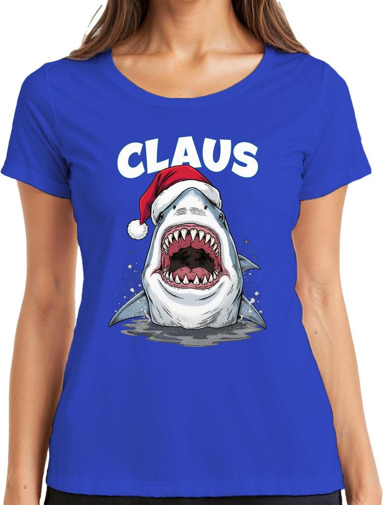 CLAUS Weihnachten Haifisch Weihnachtsmütze Hai Film Parodie Damen T-Shirt, Blau, XXL