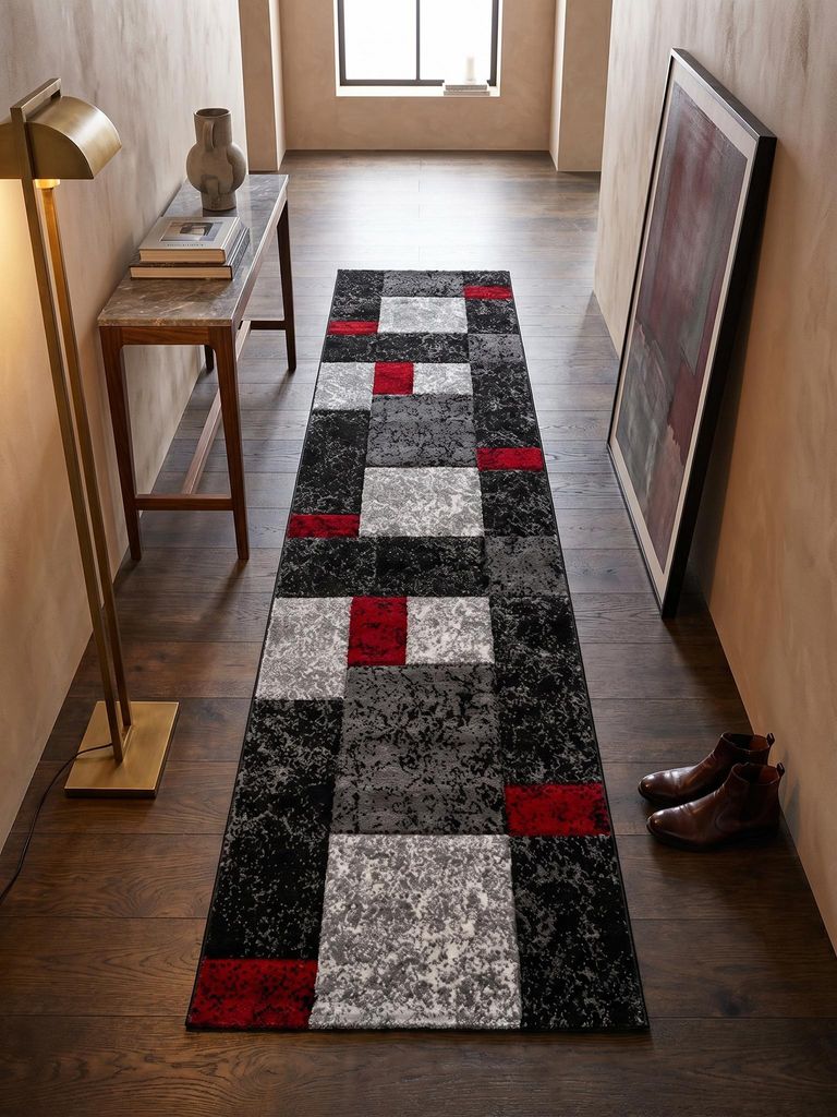 Moderner Teppich Karo Zeitlos Waschbar Strapazierfähig | Läufer Rot 80x300 cm Flur Saugroboter geeignet Gekettelt | MONZA – Kadima Design