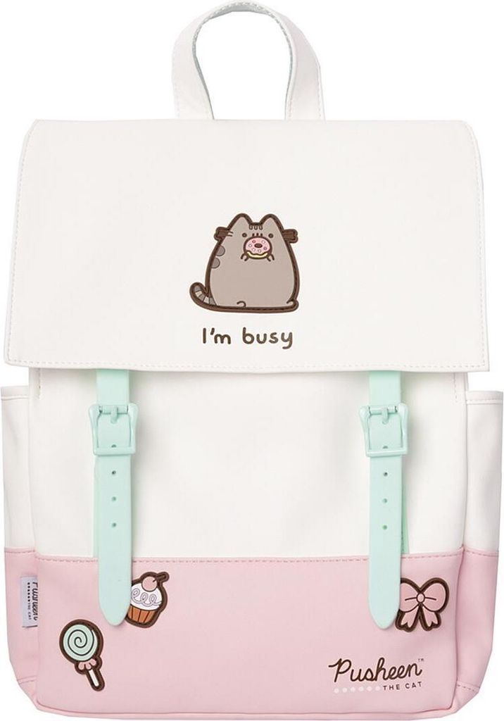 A white and pink Pusheen backpack with a cartoon cat graphic and text.