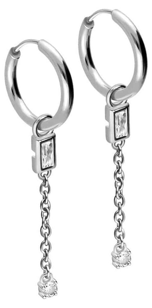 Chirurgenstahl Ohrclicker Creolen KRISTALLE + KETTE Silber Innendurchmesser: 12mm + Designstärke: 2mm