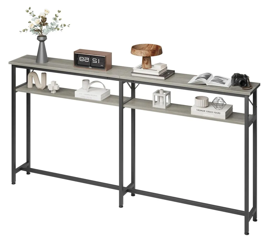 Table derrière canapé bois gris foncé 180 cm avec étagère de stockage